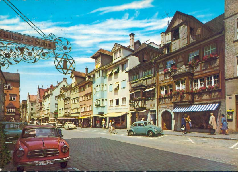 Postkarte Stadtansicht mit VW Käfer - Lindau, Bodensee